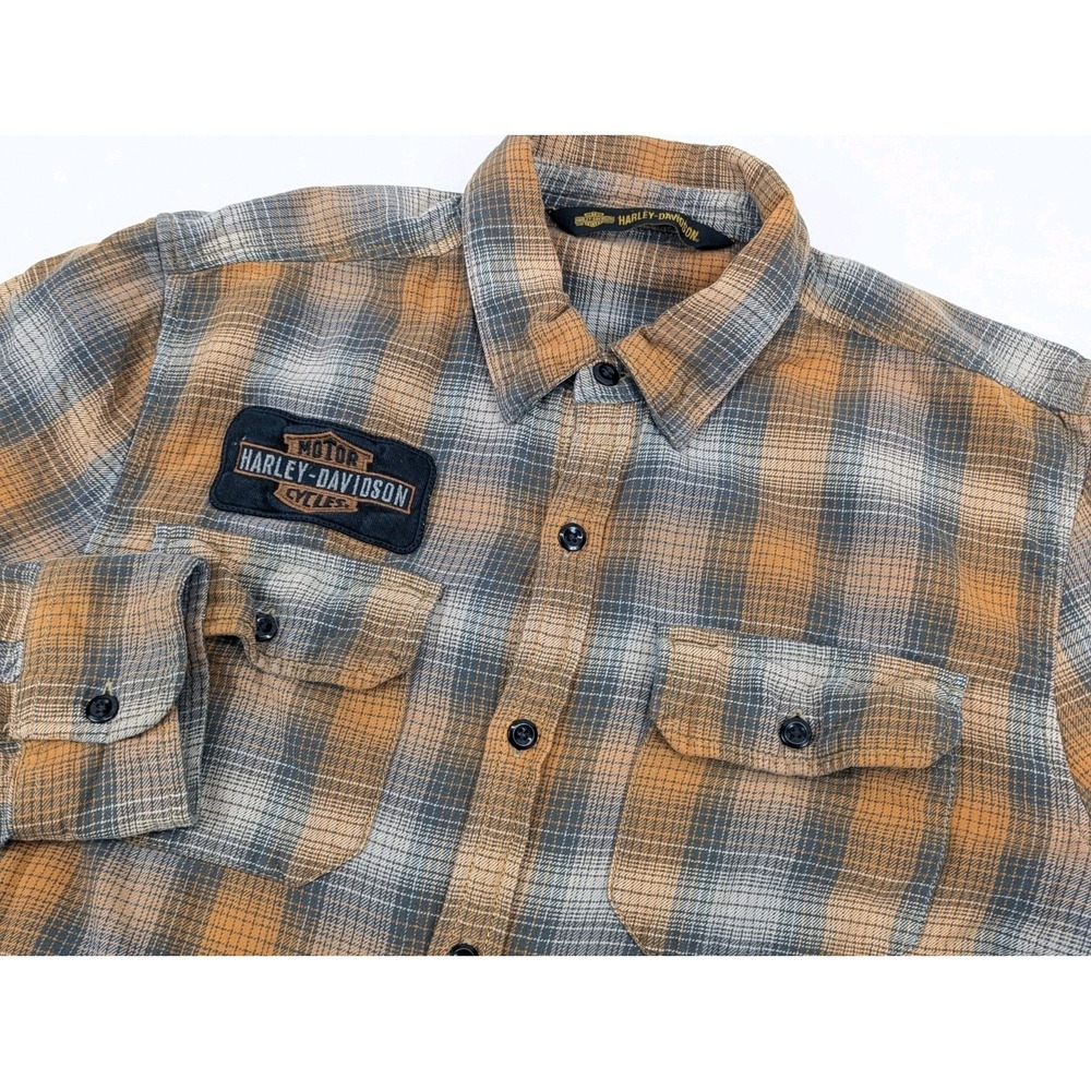 Harley Davidson Mens‎ Flannel Shirt Orange Plaid Size Medium Long Sleeve Biker